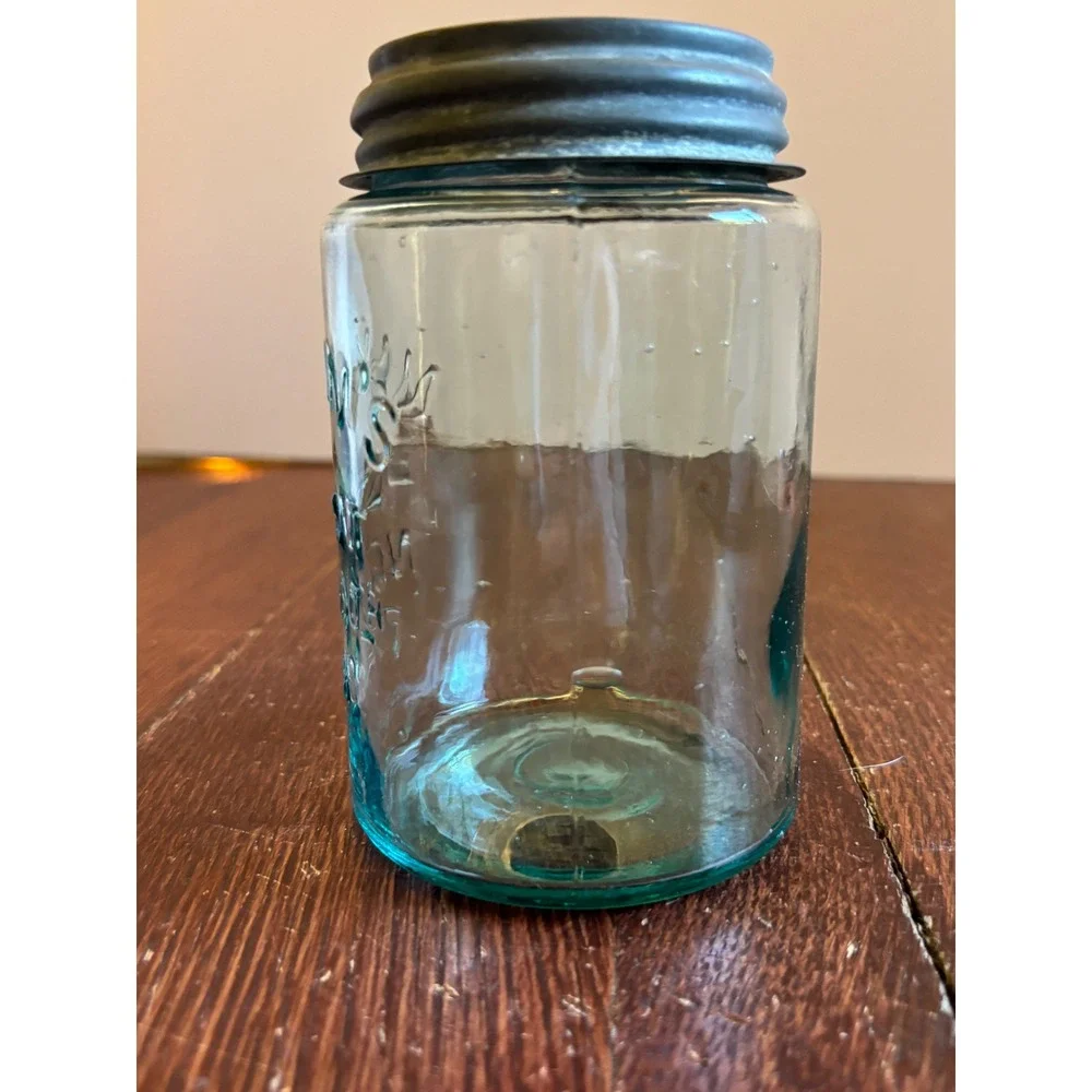 Antique Aqua Mason's Patent Nov 30th 1858 Quart Fruit Jar Zinc Lid Bubbles